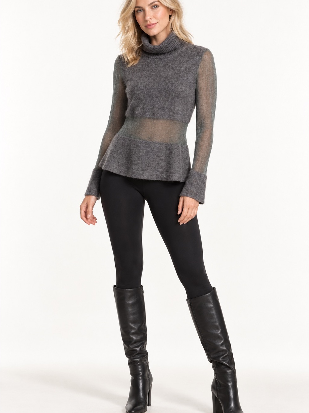 DKNY Gray Wool Blend Turtleneck Sweater Sheer Sleeves Size M